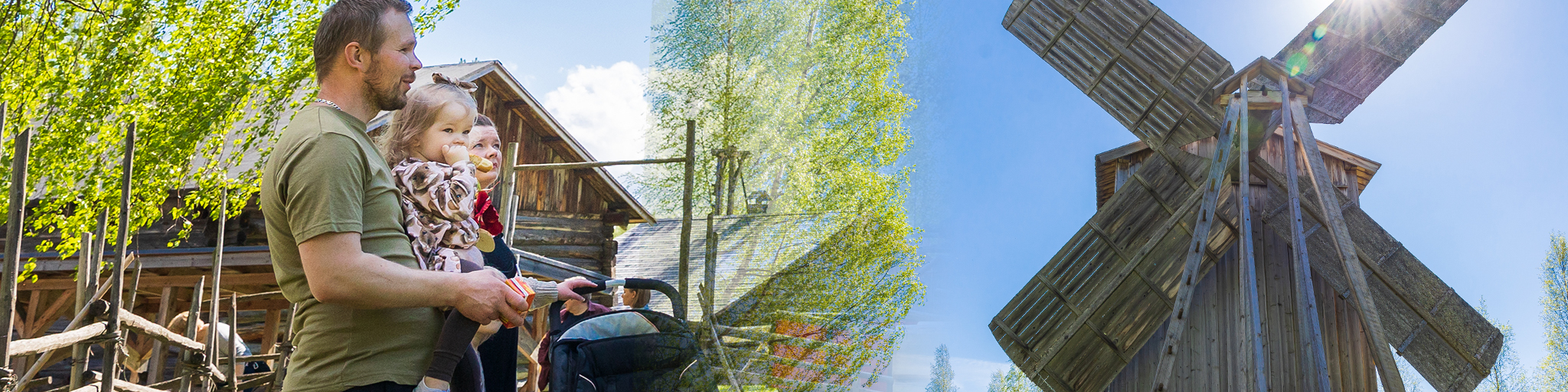 Mylly ja perhe Pielisen museon ulkoalueella